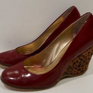 POETIC LICENCE ENDEAR Burgundy Red Leather Leopard Pony Hair Wedge Heel Shoes 10